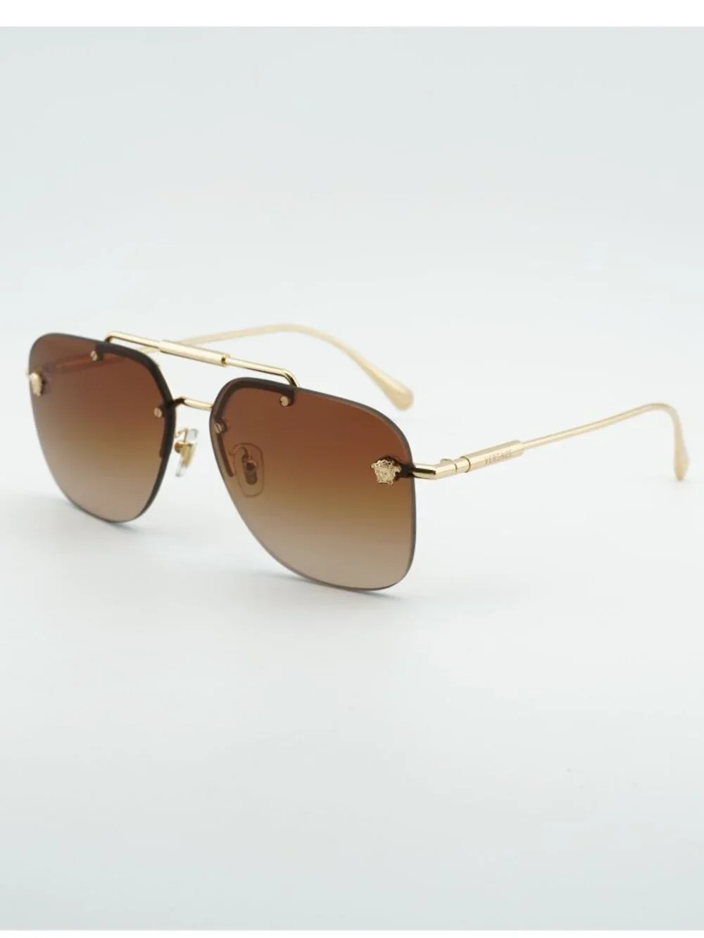 Versace VE2296 100213 Sunglasses Gold Rimless Aviator Frame, Brown Lenses